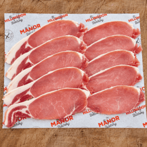 Freshly sliced dry cured unsmoked back bacon at Manor Butchery