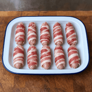 Pack of 10 handmade pigs in blankets with dry-cured streaky bacon