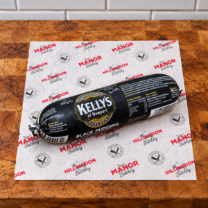 Kelly’s of Newport Black Pudding 280g on Manor Butchery branded paper