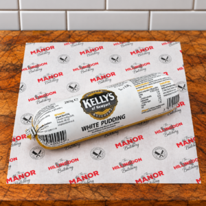 Kelly's of Newport White Pudding 280g on Manor Butchery branded paper
