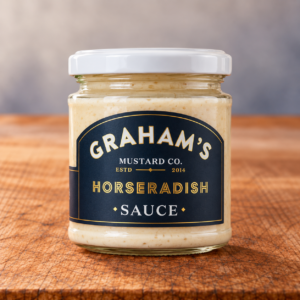 Graham's Horseradish Sauce 190g on a wooden butcher's block